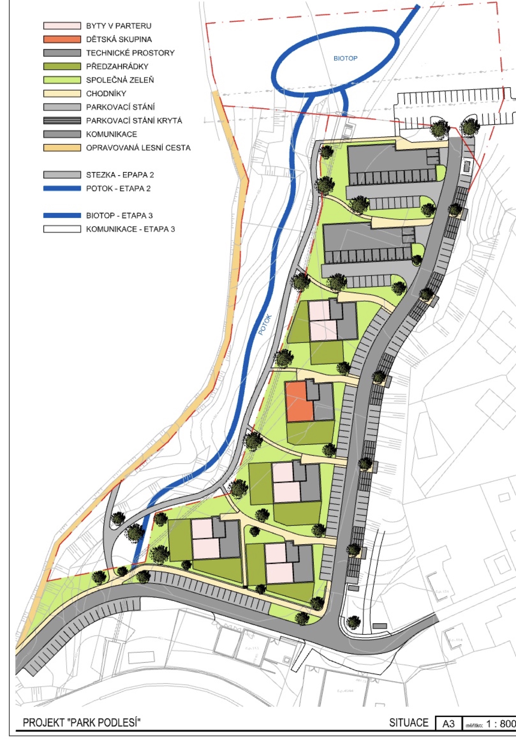 Situační plán projektu Park Podlesí — půdorys, etapy, zeleň, parkování